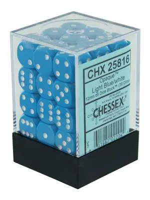[25816] Chessex Opaque 12mm d6 with pips Dice Blocks (36 Dice) - Light Blue w/white