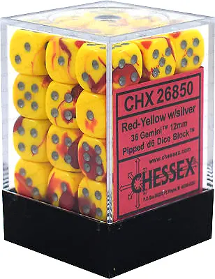 Chessex Gemini 12mm d6 Dice Blocks with pips Dice Blocks (36 Dice) - Red-Yellow w/silver