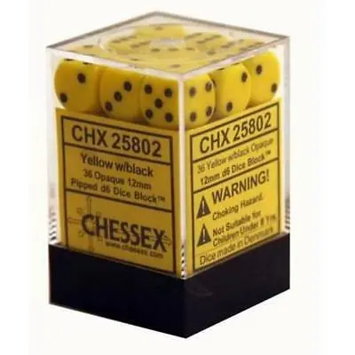 [25802] Chessex Opaque 12mm d6 with pips Dice Blocks (36 Dice) - Yellow/black