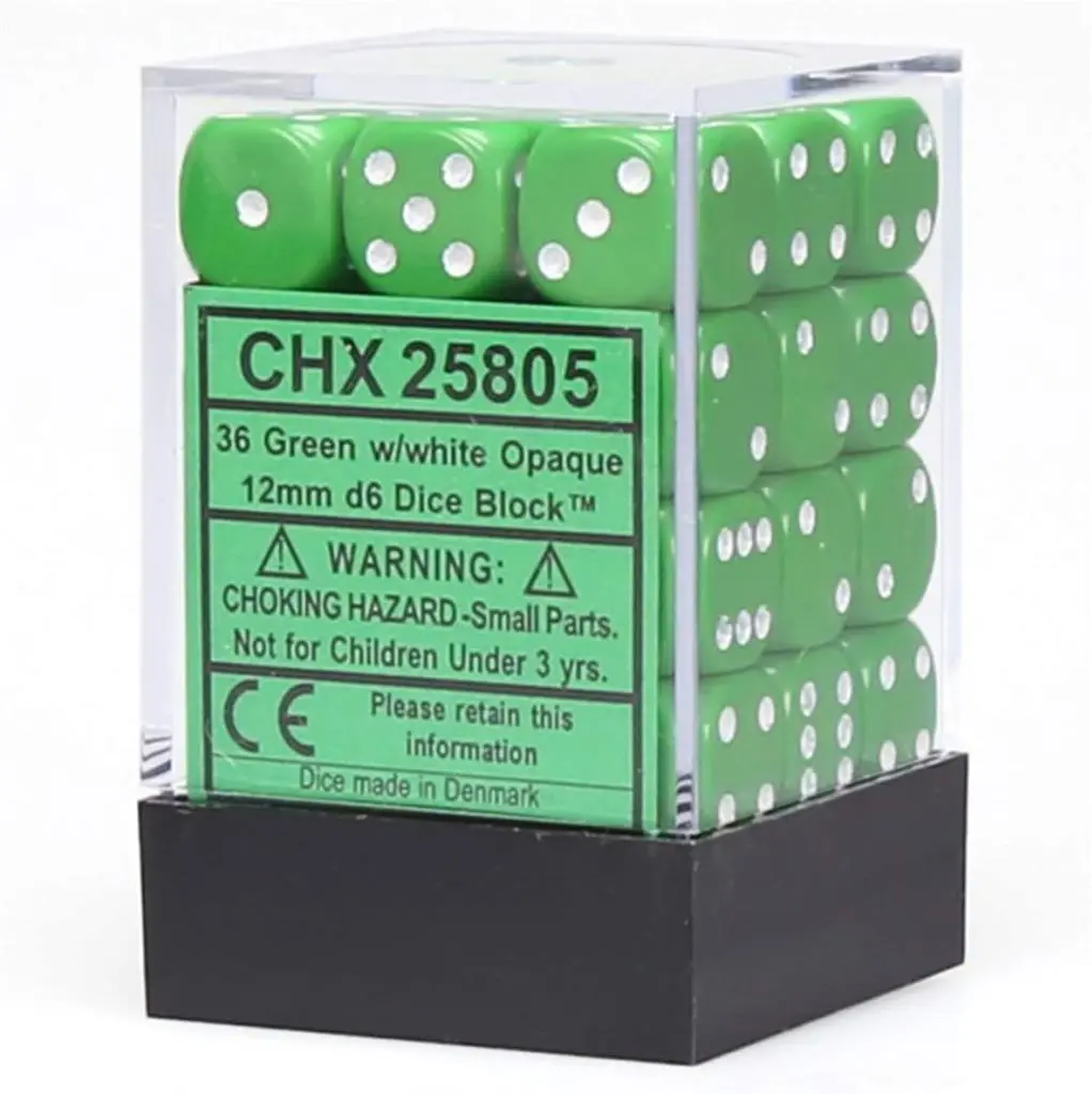 [25805] Chessex Opaque 12mm d6 with pips Dice Blocks (36 Dice) - Green/white