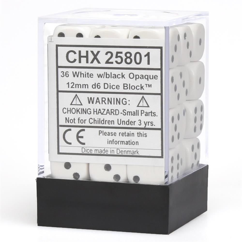 [25801] Chessex Opaque 12mm d6 with pips Dice Blocks (36 Dice) - White/black