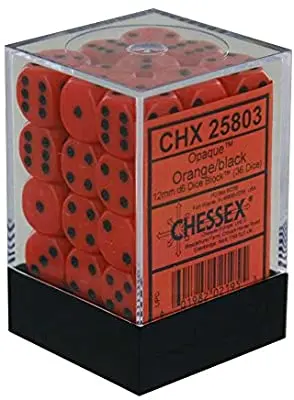 [25803] Chessex Opaque 12mm d6 with pips Dice Blocks (36 Dice) - Orange/black