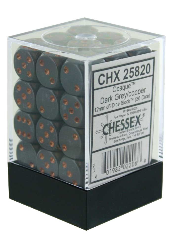 [CHX25820] Chessex Opaque 12mm d6 with pips Dice Blocks (36 Dice) - Dark Grey/copper
