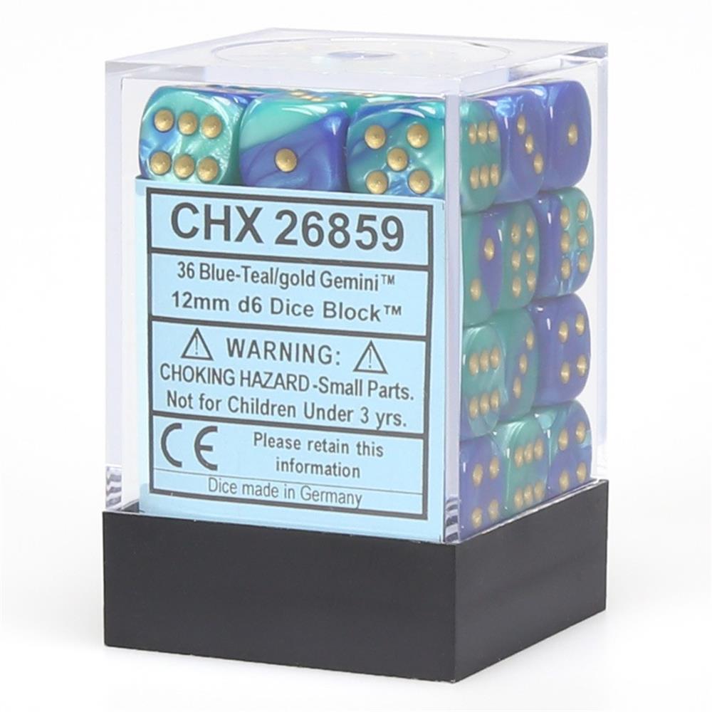 [CHX 26859] Chessex Gemini 12mm d6 Dice Blocks with pips Dice Blocks (36 Dice) - Blue-Teal w/gold