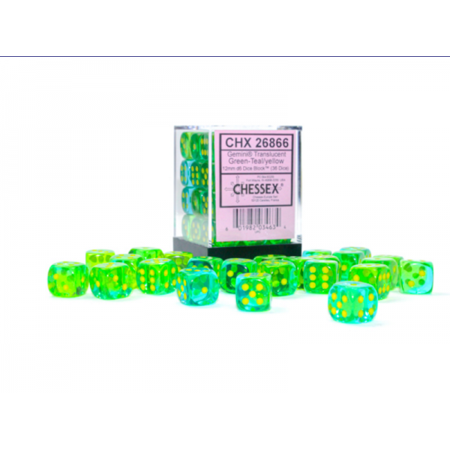 [CHX26866] Gemini 12mm d6 Translucent Green-Teal/yellow Dice Block (36 dice)