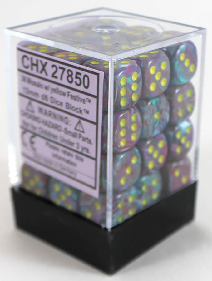 [CHX27850] Chessex Signature 12mm d6 with pips Dice Blocks (36 Dice) - Festive Mosaic/yellow
